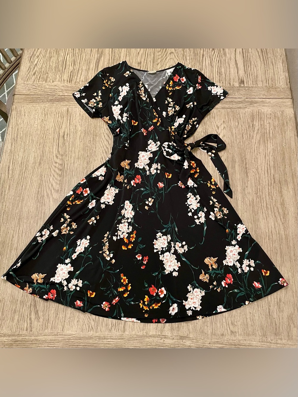 Kaileigh dress, black with florals, side tie, medium - Picture 1 of 3